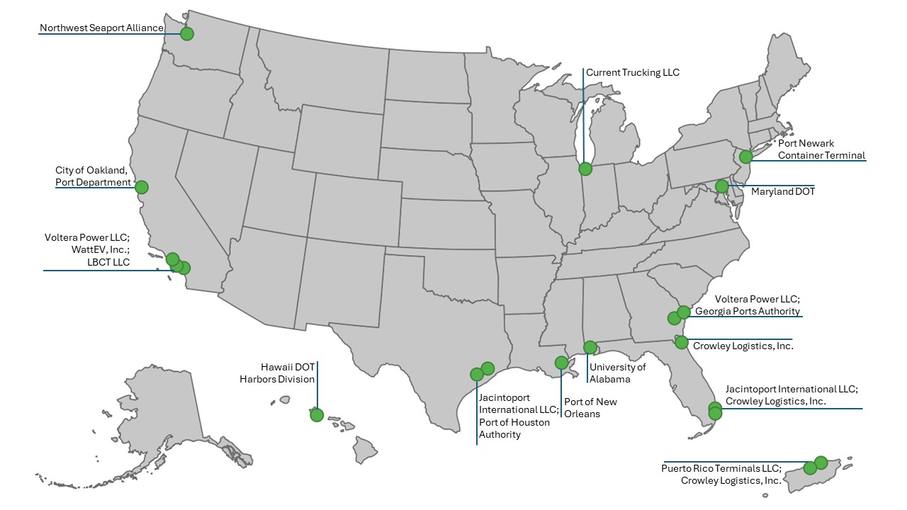 Map of the United States identifying the twenty project locations for the sixteen recipients of Fiscal Year 2022 and 2023 Reduction of Truck Emissions at Port Facilities grant awards.